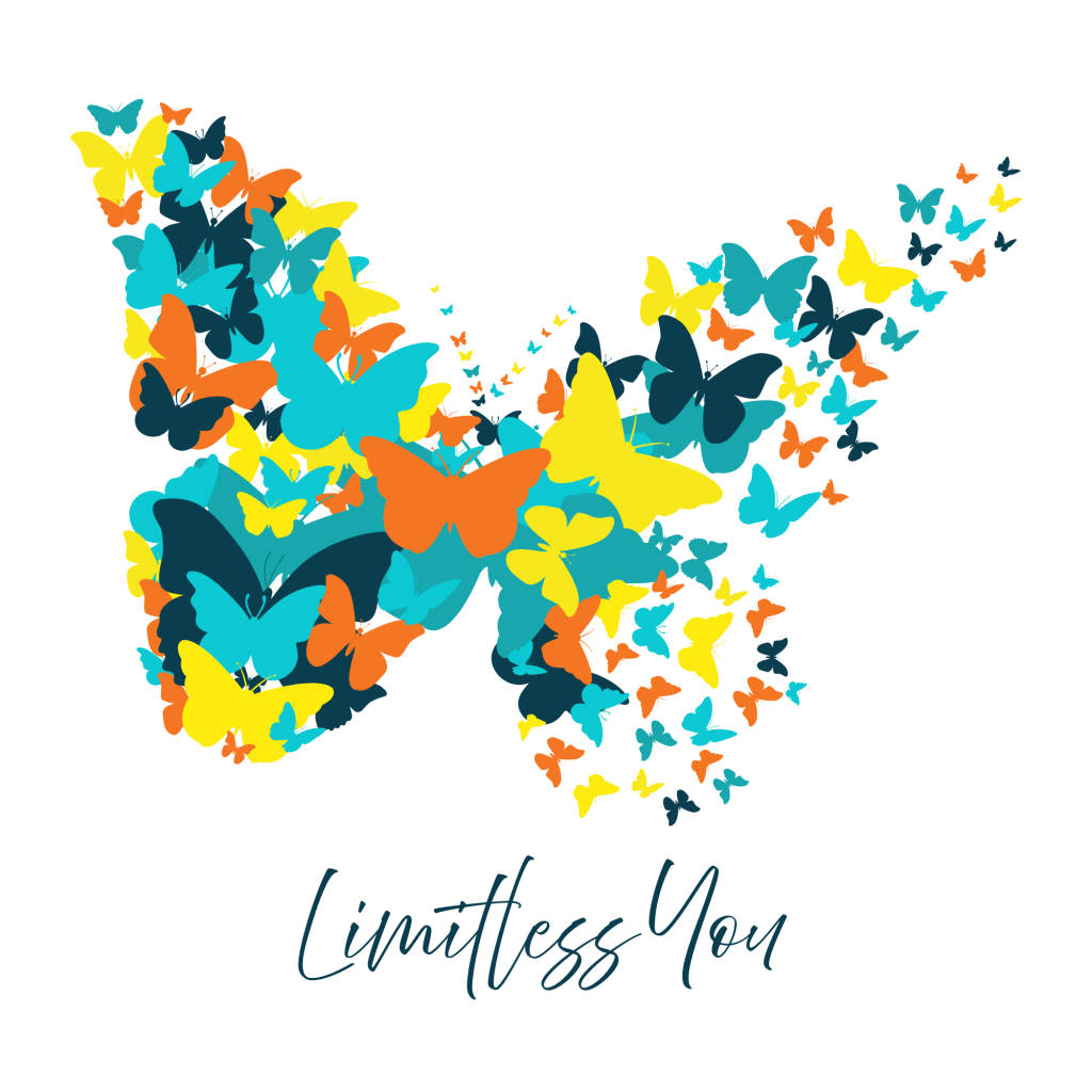 A colorful illustration of a butterfly composed of various butterflies in shades of blue, orange, yellow, and teal, with the text 'Limitless You' below.