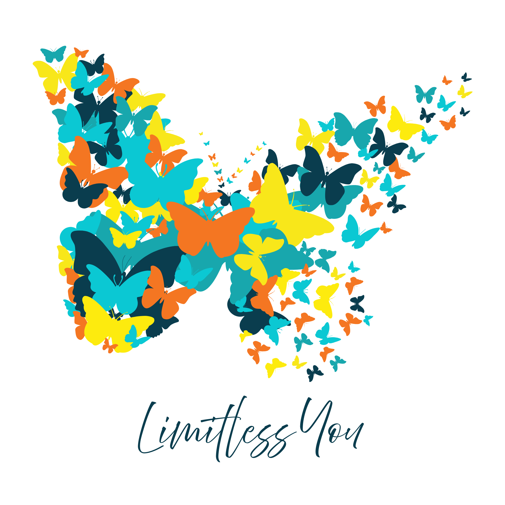 A colorful design featuring a butterfly made up of various butterflies in shades of blue, yellow, orange, and black, with the phrase 'Limitless You' underneath.